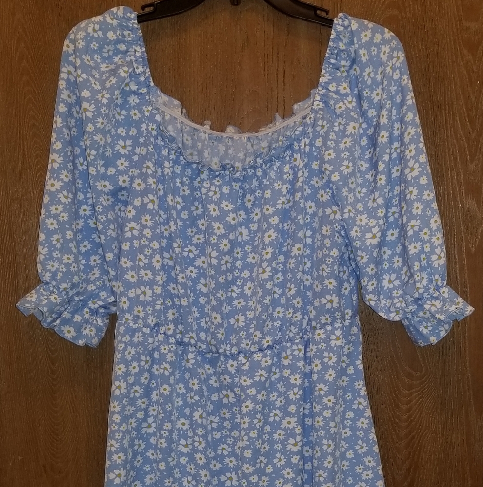 Blue Floral Dress with White Daisies